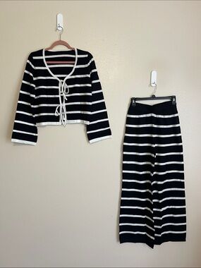 Black and White Striped Knit Two-Piece Pajama Set